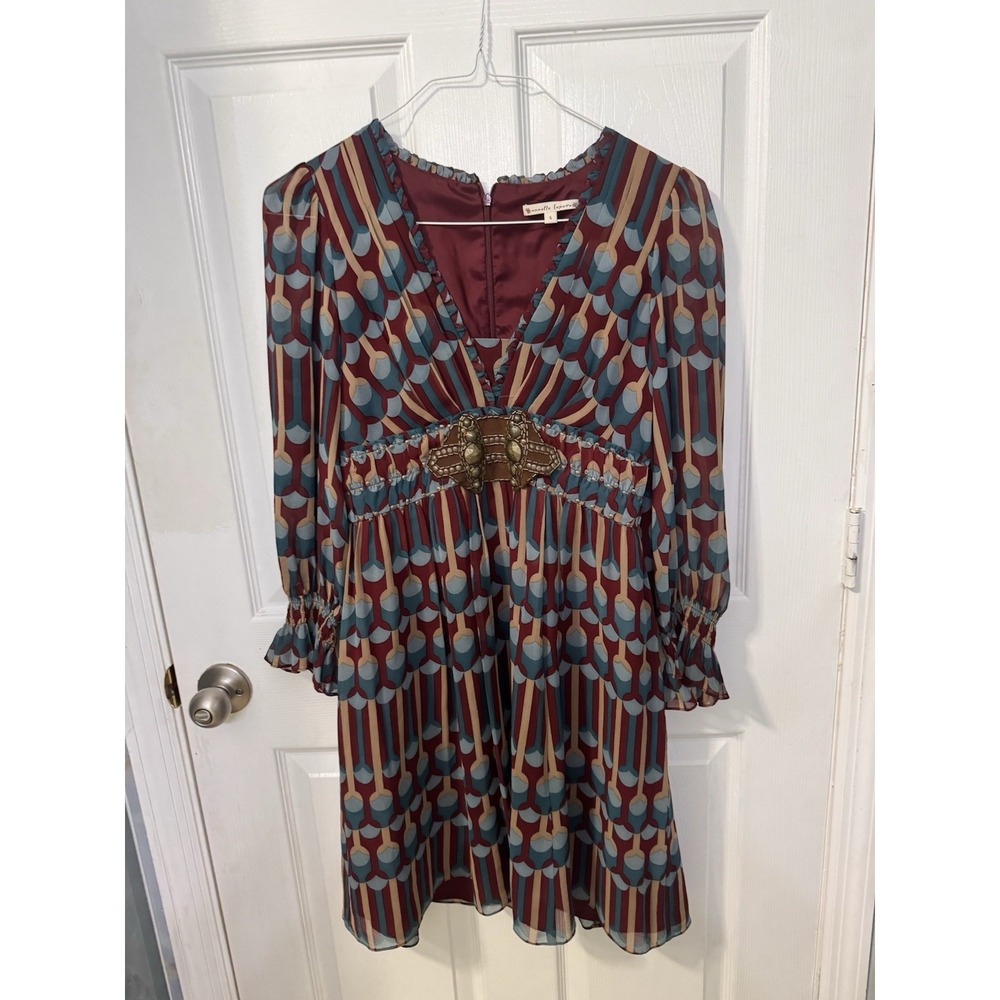 Nanette Lepore Dress Women's 6 Silk Geometric Print Embellished Empire Waist Y2k